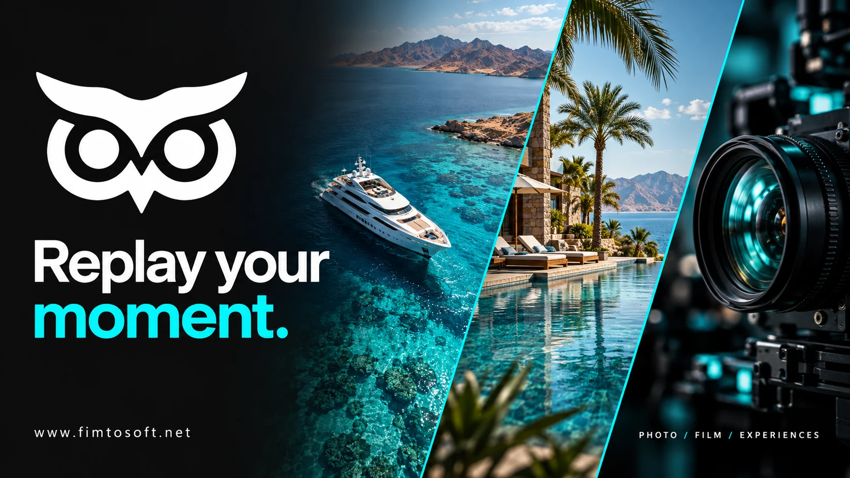 Replay your moment. FIMTOSOFT owl with sea, hospitality and filmmaking imagery.